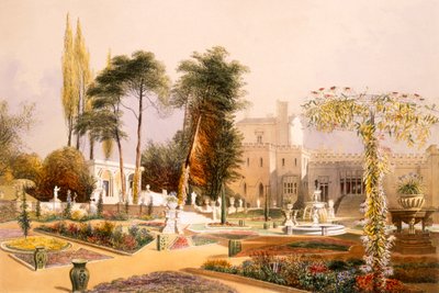 Het parterre in de tuinen van Wilton, de zetel van de graaf van Pembroke (chromolitho) door E. Adveno Brooke